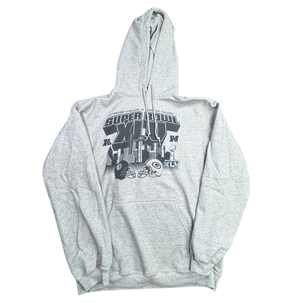 Super Bowl XLV Steelers Packers NFL Reebok Hoodie Mens L Gray North Texas 2011